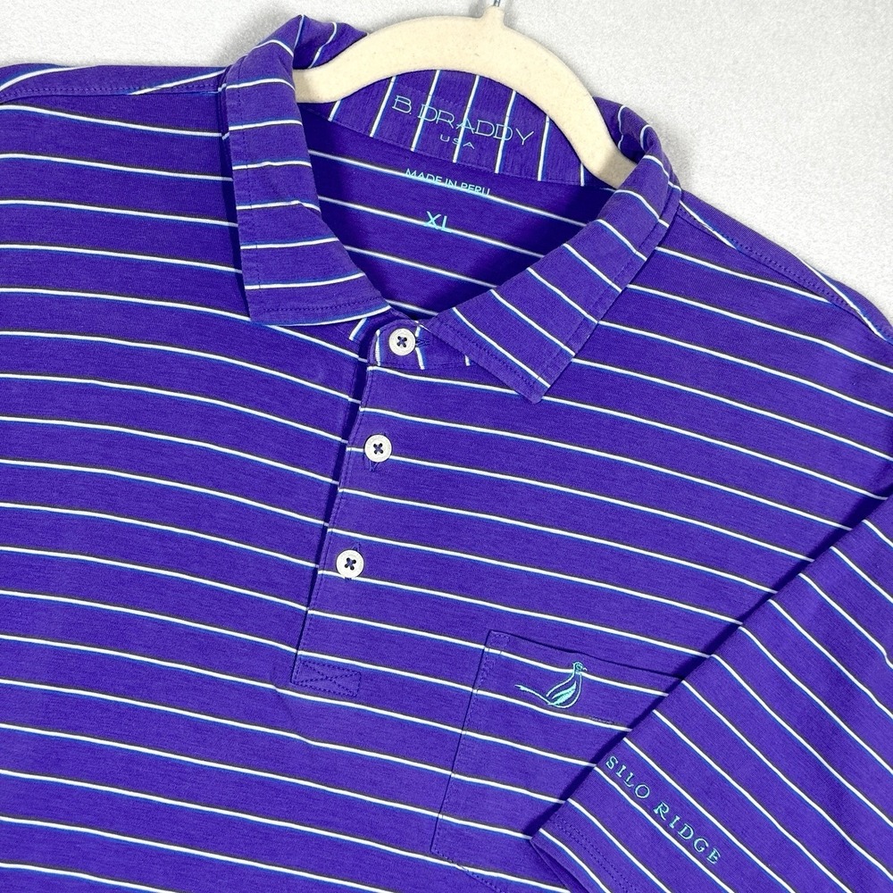 B Draddy‎ Polo Shirt Mens XL Silo Ridge Golf Logo Purple Striped Pima Cotton
